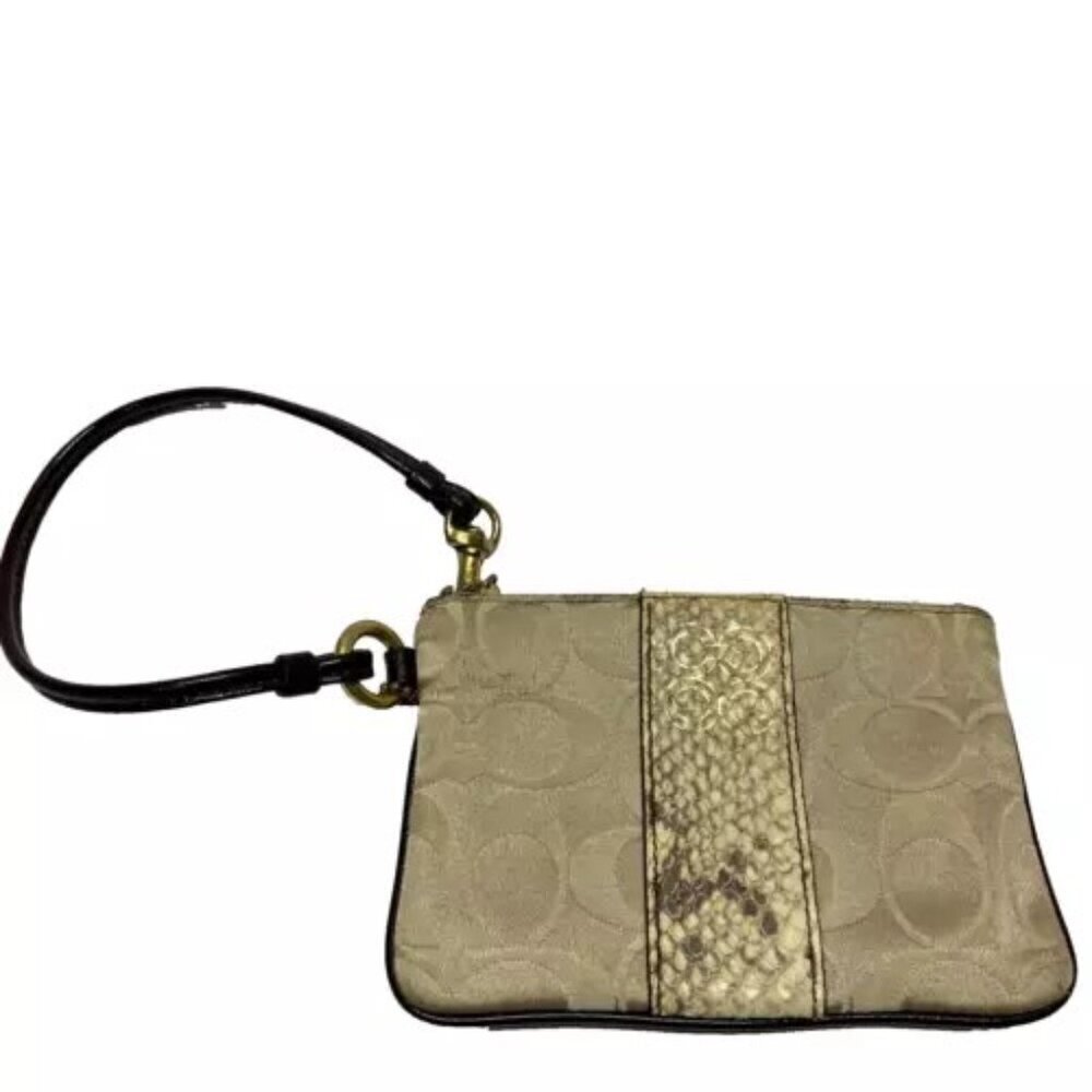 Coach Sutton Signature C Python Corner Zip Wristlet Coin Purse Gold GUC (Read)